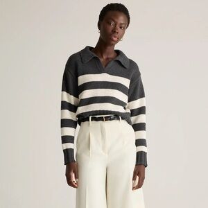 Quince 100% Organic Cropped Cotton Polo Sweater Size XS in Gray/White